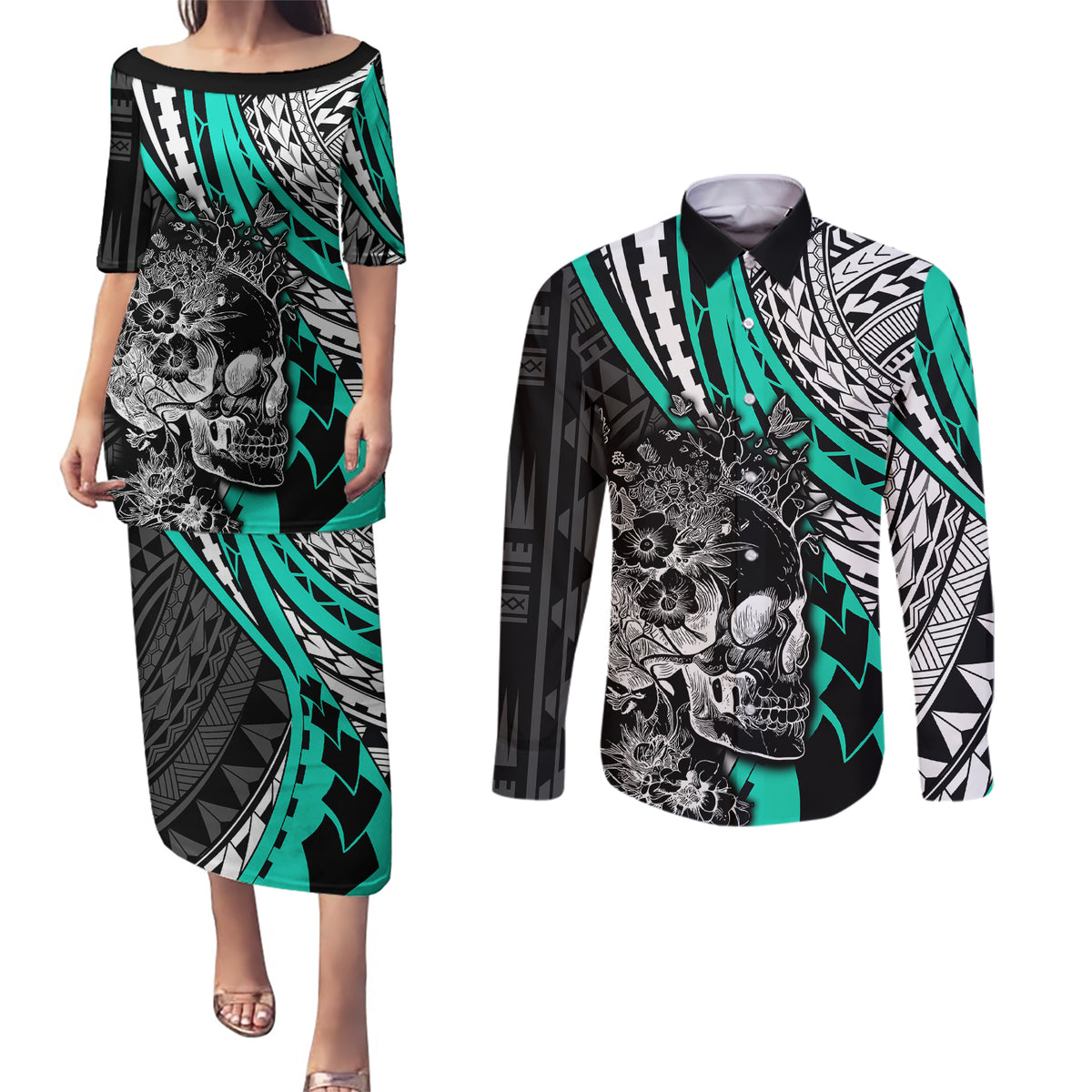 Personalised Polynesia Skull Couples Matching Puletasi Dress and Long Sleeve Button Shirts Tattoo In The Style Of Maori With Marine Life Aqua LT9 - Wonder Print Shop
