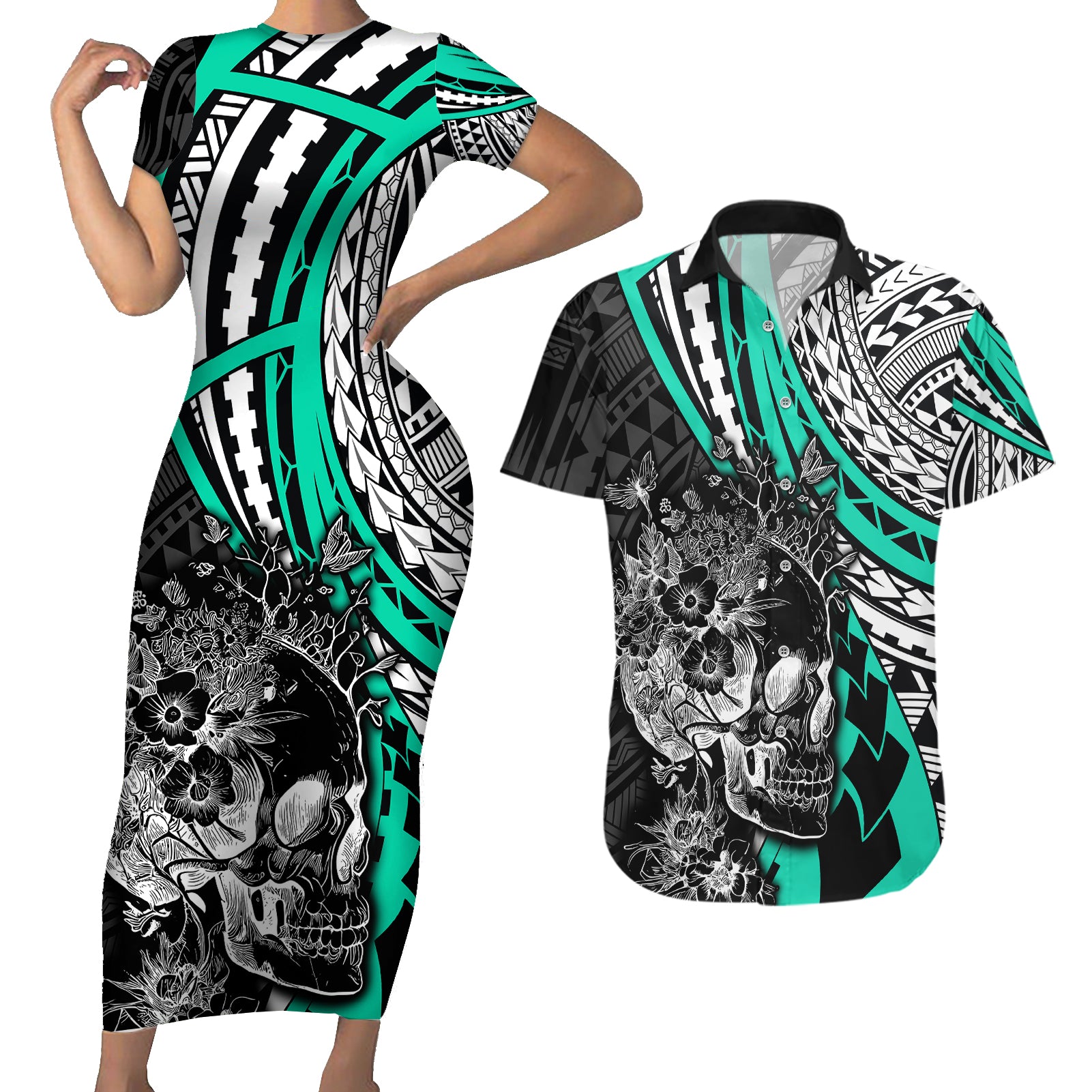 Personalised Polynesia Skull Couples Matching Short Sleeve Bodycon Dress and Hawaiian Shirt Tattoo In The Style Of Maori With Marine Life Aqua LT9 - Wonder Print Shop