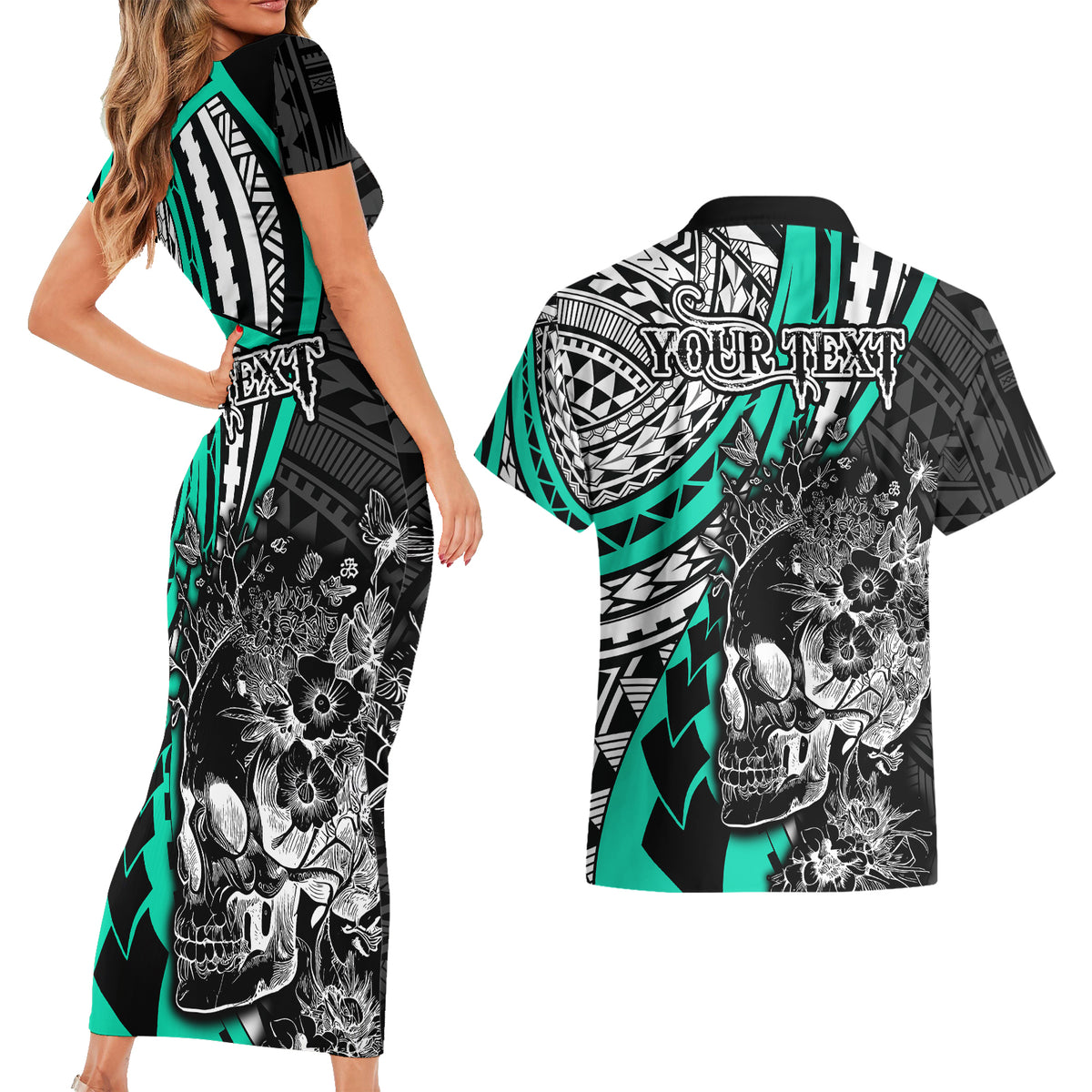 Personalised Polynesia Skull Couples Matching Short Sleeve Bodycon Dress and Hawaiian Shirt Tattoo In The Style Of Maori With Marine Life Aqua LT9 - Wonder Print Shop