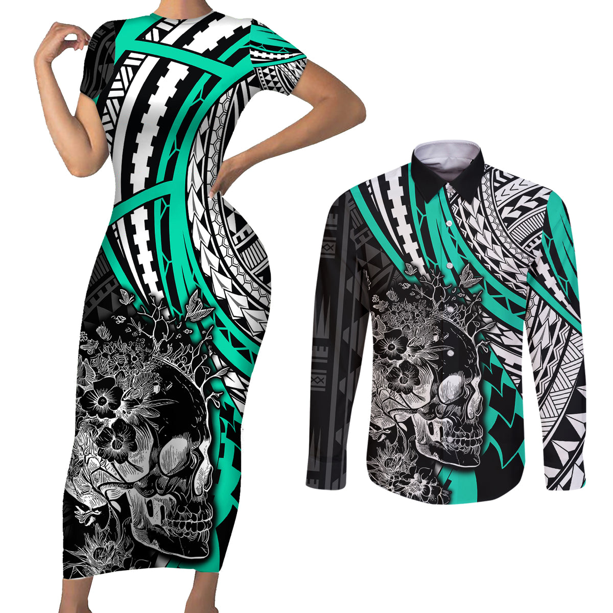 Personalised Polynesia Skull Couples Matching Short Sleeve Bodycon Dress and Long Sleeve Button Shirts Tattoo In The Style Of Maori With Marine Life Aqua LT9 - Wonder Print Shop