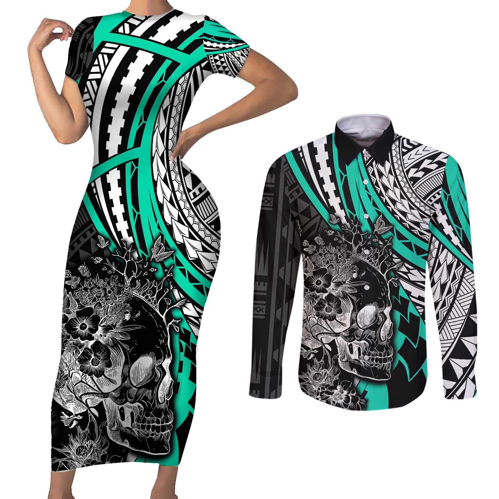 Personalised Polynesia Skull Couples Matching Short Sleeve Bodycon Dress and Long Sleeve Button Shirts Tattoo In The Style Of Maori With Marine Life Aqua LT9 - Wonder Print Shop