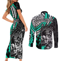 Personalised Polynesia Skull Couples Matching Short Sleeve Bodycon Dress and Long Sleeve Button Shirts Tattoo In The Style Of Maori With Marine Life Aqua LT9 - Wonder Print Shop