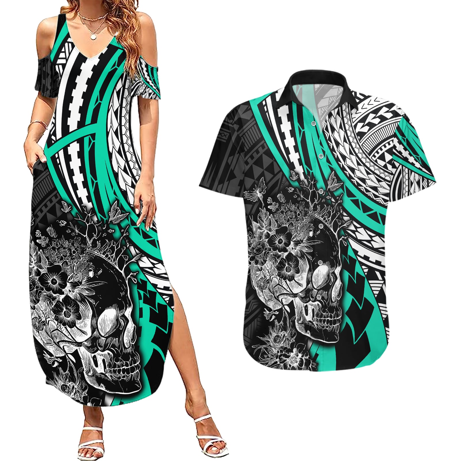 Personalised Polynesia Skull Couples Matching Summer Maxi Dress and Hawaiian Shirt Tattoo In The Style Of Maori With Marine Life Aqua LT9 - Wonder Print Shop