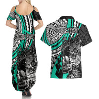 Personalised Polynesia Skull Couples Matching Summer Maxi Dress and Hawaiian Shirt Tattoo In The Style Of Maori With Marine Life Aqua LT9 - Wonder Print Shop