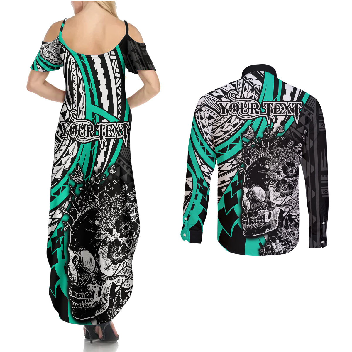 Personalised Polynesia Skull Couples Matching Summer Maxi Dress and Long Sleeve Button Shirts Tattoo In The Style Of Maori With Marine Life Aqua LT9 - Wonder Print Shop