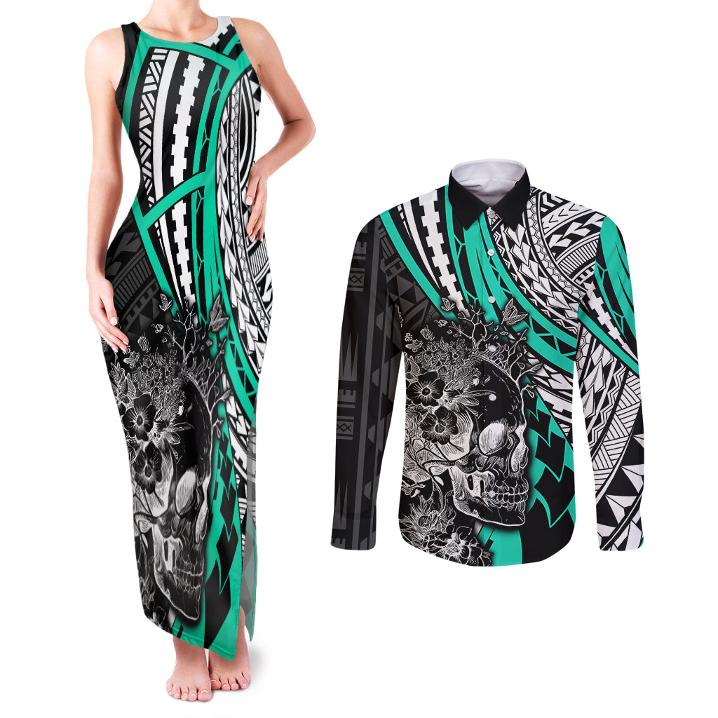 Personalised Polynesia Skull Couples Matching Tank Maxi Dress and Long Sleeve Button Shirts Tattoo In The Style Of Maori With Marine Life Aqua LT9 - Wonder Print Shop