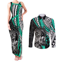 Personalised Polynesia Skull Couples Matching Tank Maxi Dress and Long Sleeve Button Shirts Tattoo In The Style Of Maori With Marine Life Aqua LT9 - Wonder Print Shop