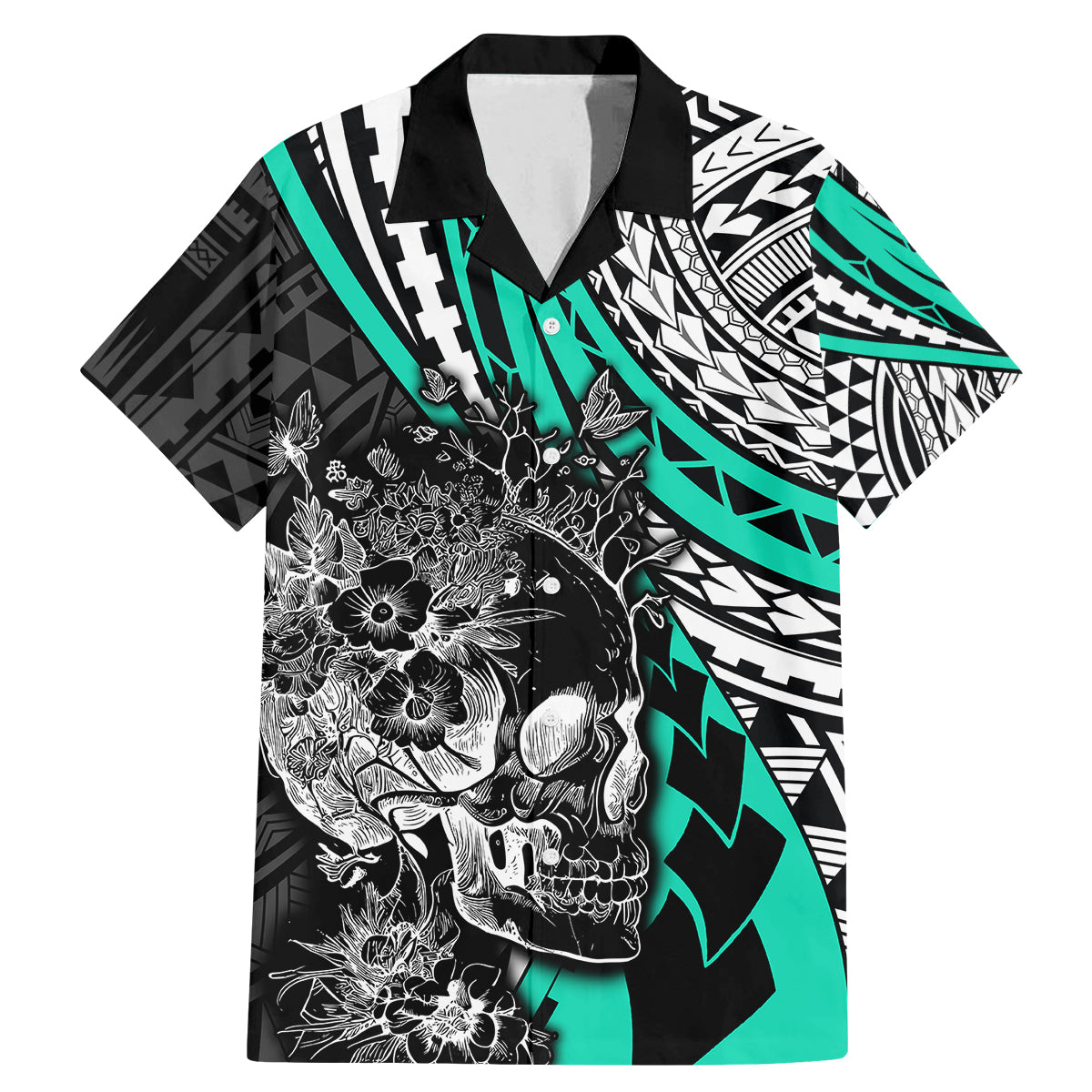 Personalised Polynesia Skull Family Matching Mermaid Dress and Hawaiian Shirt Tattoo In The Style Of Maori With Marine Life Aqua LT9 - Wonder Print Shop