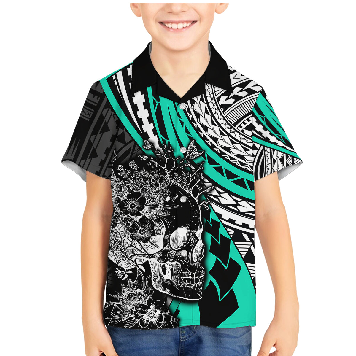 Personalised Polynesia Skull Family Matching Mermaid Dress and Hawaiian Shirt Tattoo In The Style Of Maori With Marine Life Aqua LT9 - Wonder Print Shop