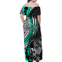 Personalised Polynesia Skull Family Matching Off Shoulder Maxi Dress and Hawaiian Shirt Tattoo In The Style Of Maori With Marine Life Aqua LT9 - Wonder Print Shop