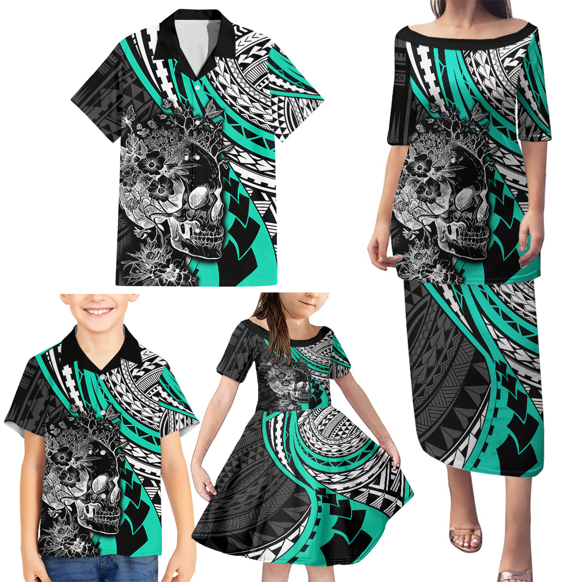 Personalised Polynesia Skull Family Matching Puletasi Dress and Hawaiian Shirt Tattoo In The Style Of Maori With Marine Life Aqua - Wonder Print Shop
