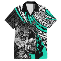 Personalised Polynesia Skull Family Matching Puletasi Dress and Hawaiian Shirt Tattoo In The Style Of Maori With Marine Life Aqua - Wonder Print Shop
