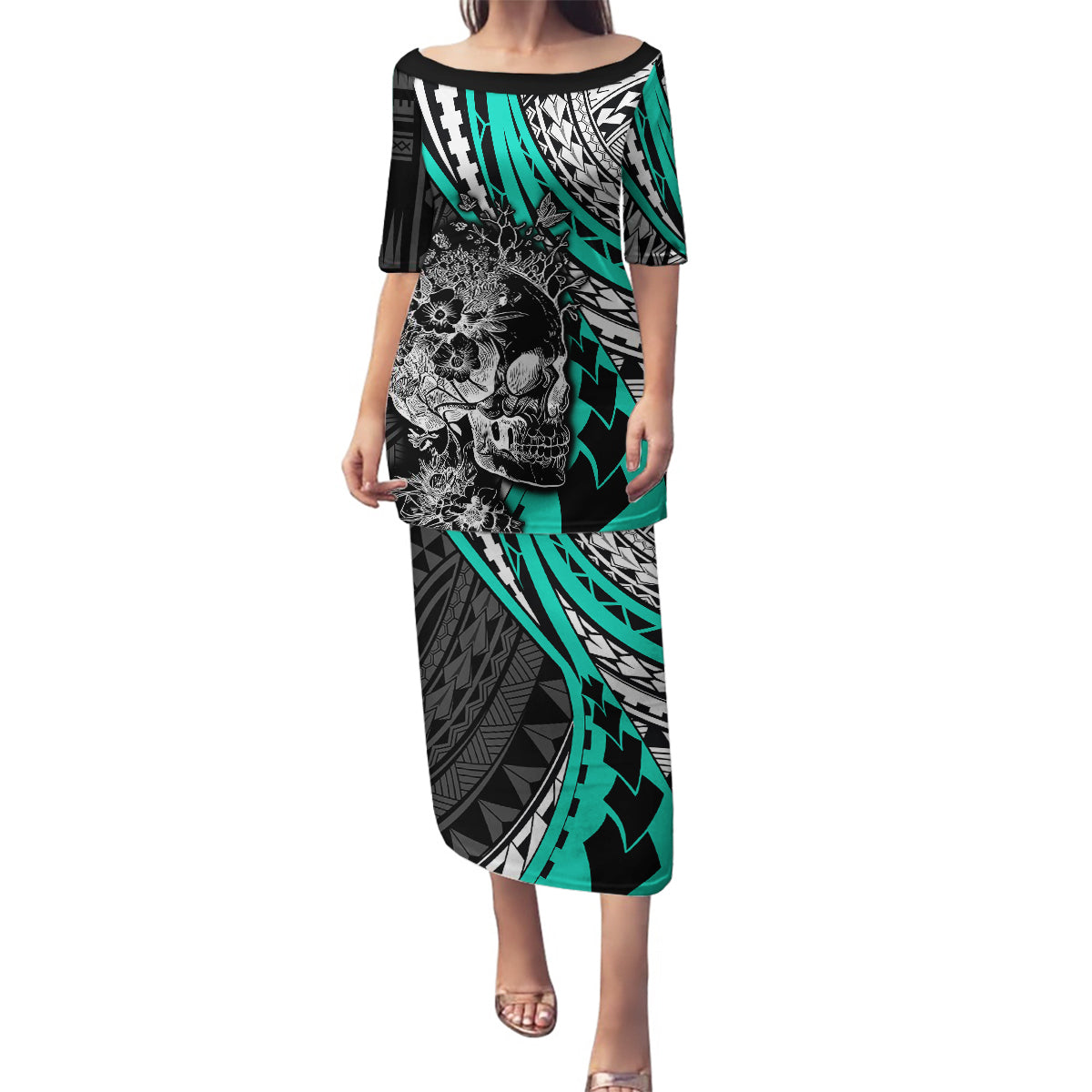 Personalised Polynesia Skull Family Matching Puletasi Dress and Hawaiian Shirt Tattoo In The Style Of Maori With Marine Life Aqua - Wonder Print Shop