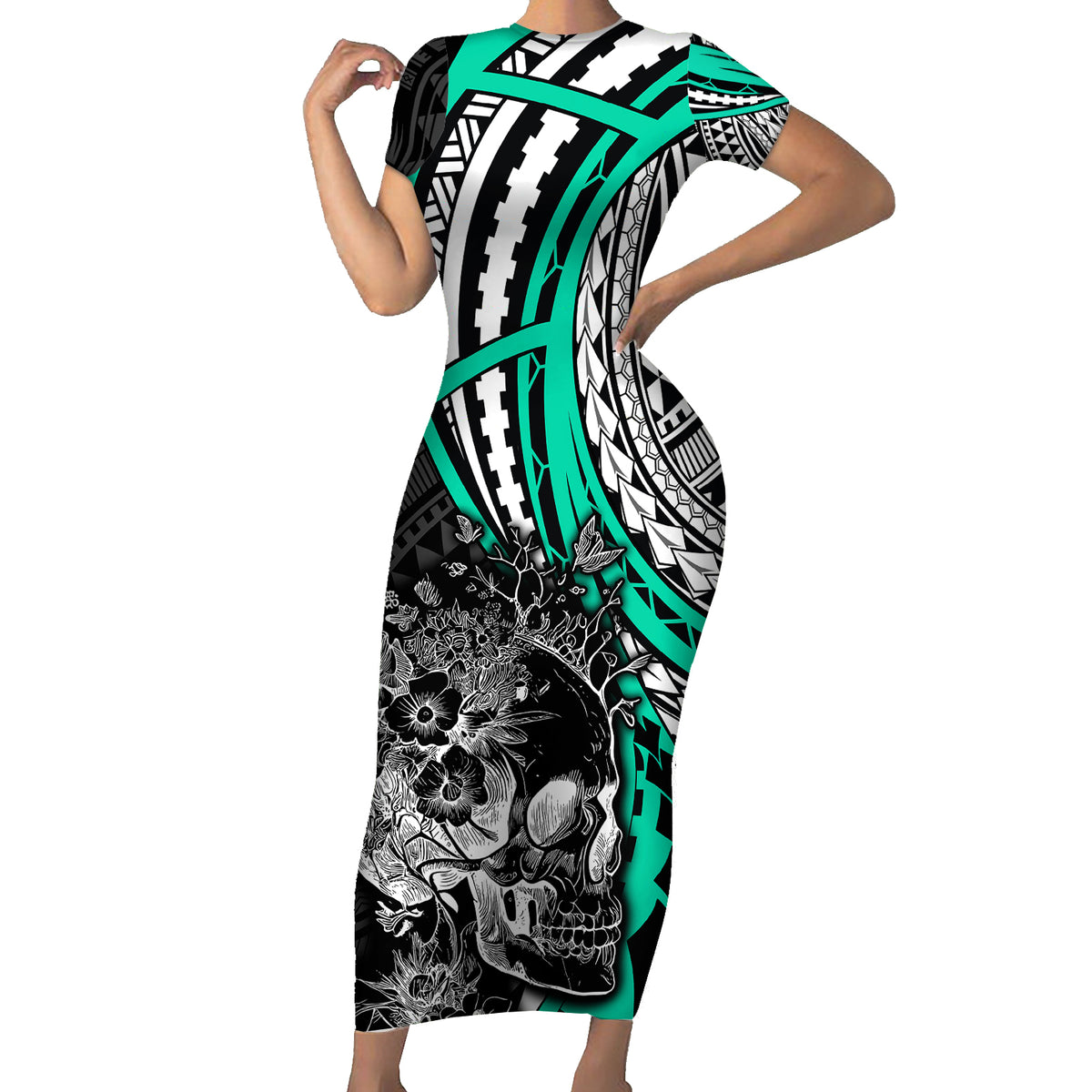 Personalised Polynesia Skull Family Matching Short Sleeve Bodycon Dress and Hawaiian Shirt Tattoo In The Style Of Maori With Marine Life Aqua - Wonder Print Shop