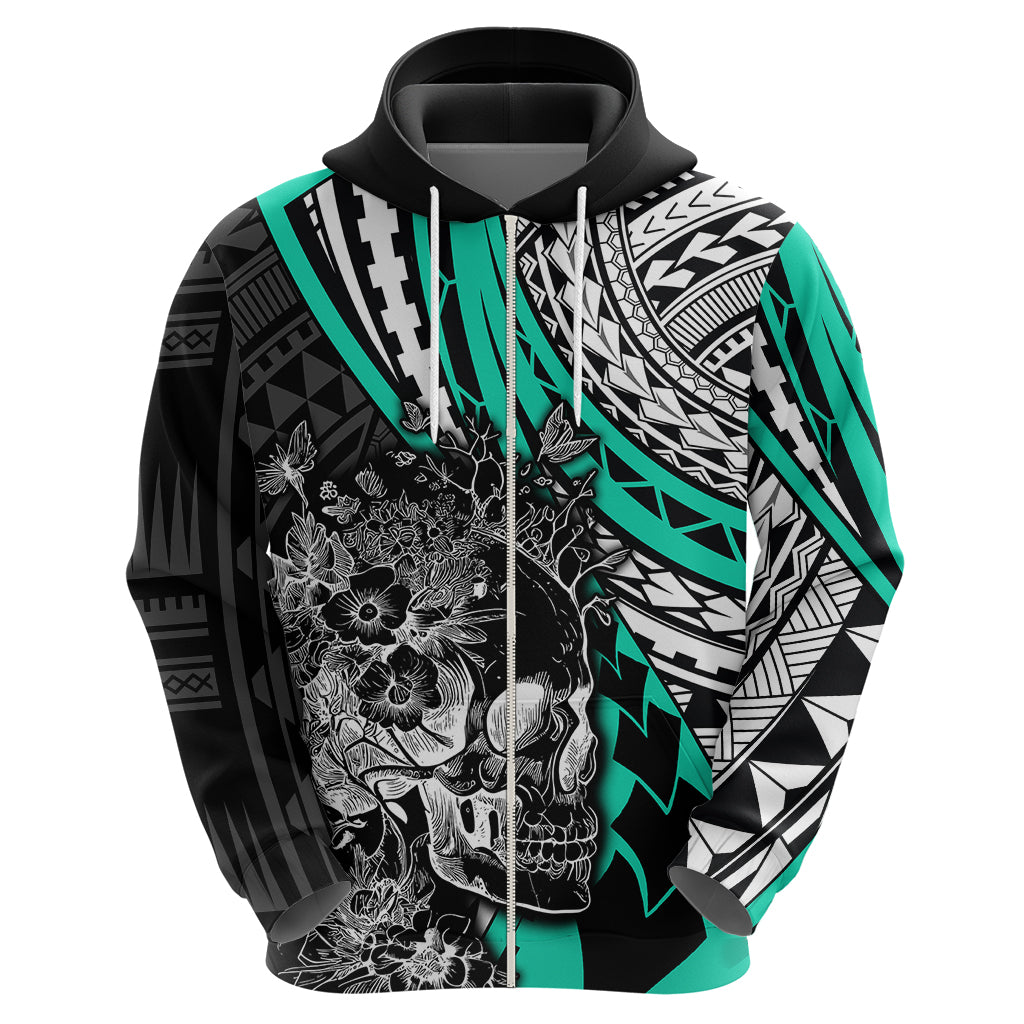 Personalised Polynesia Skull Hoodie Tattoo In The Style Of Maori With Marine Life Aqua - Wonder Print Shop
