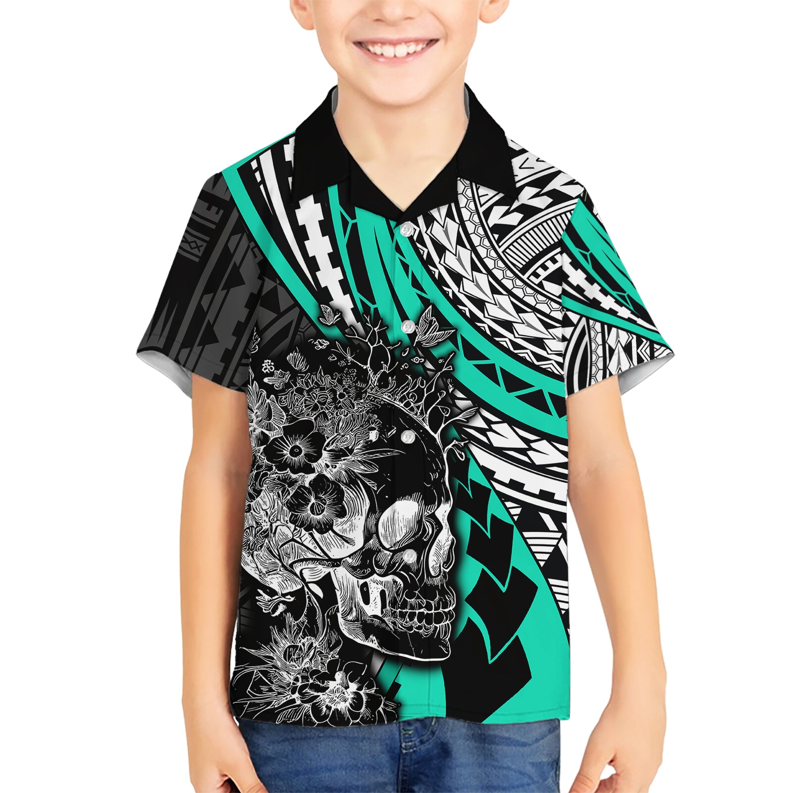 personalised-polynesia-skull-kid-hawaiian-shirt-tattoo-in-the-style-of-maori-with-marine-life-aqua