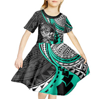 Personalised Polynesia Skull Kid Short Sleeve Dress Tattoo In The Style Of Maori With Marine Life Aqua - Wonder Print Shop