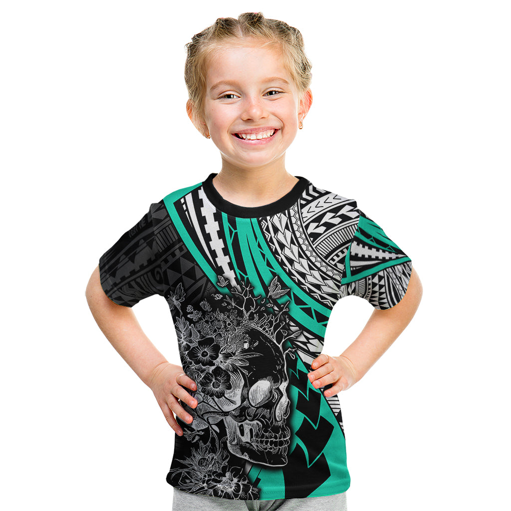 Personalised Polynesia Skull Kid T Shirt Tattoo In The Style Of Maori With Marine Life Aqua - Wonder Print Shop
