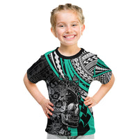 Personalised Polynesia Skull Kid T Shirt Tattoo In The Style Of Maori With Marine Life Aqua - Wonder Print Shop