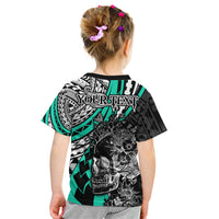 Personalised Polynesia Skull Kid T Shirt Tattoo In The Style Of Maori With Marine Life Aqua - Wonder Print Shop