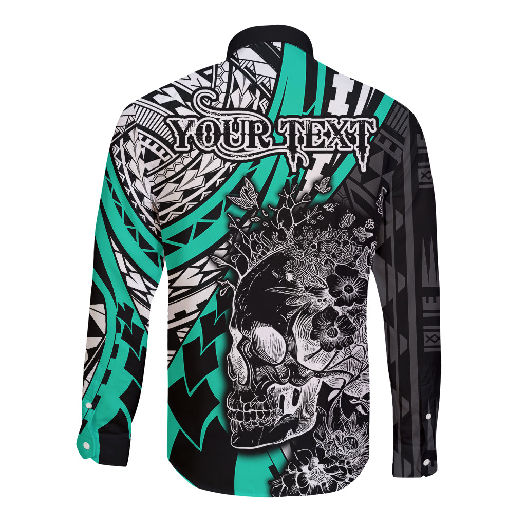 Personalised Polynesia Skull Long Sleeve Button Shirt Tattoo In The Style Of Maori With Marine Life Aqua - Wonder Print Shop
