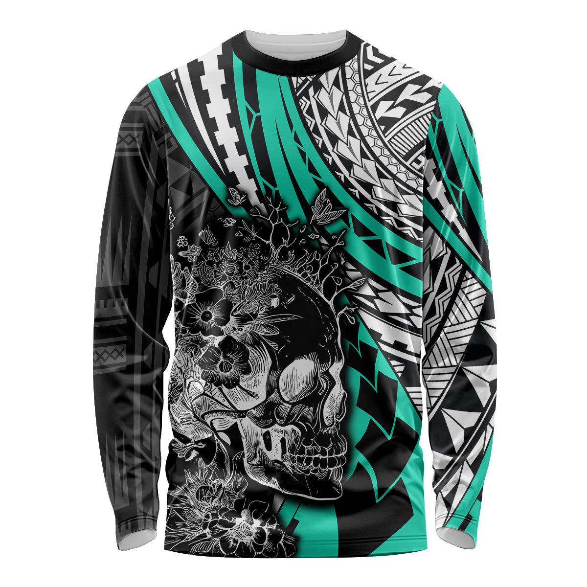 Personalised Polynesia Skull Long Sleeve Shirt Tattoo In The Style Of Maori With Marine Life Aqua - Wonder Print Shop