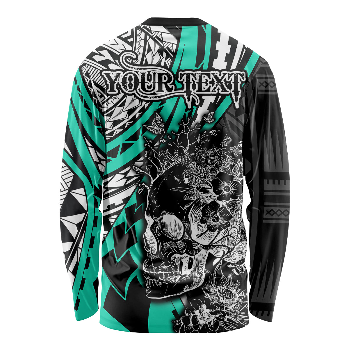 Personalised Polynesia Skull Long Sleeve Shirt Tattoo In The Style Of Maori With Marine Life Aqua - Wonder Print Shop