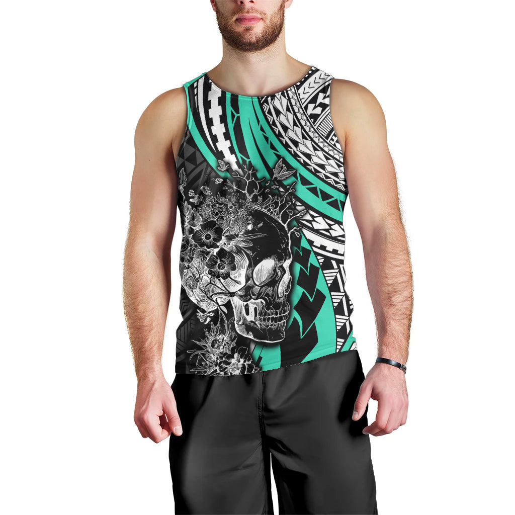Personalised Polynesia Skull Men Tank Top Tattoo In The Style Of Maori With Marine Life Aqua - Wonder Print Shop