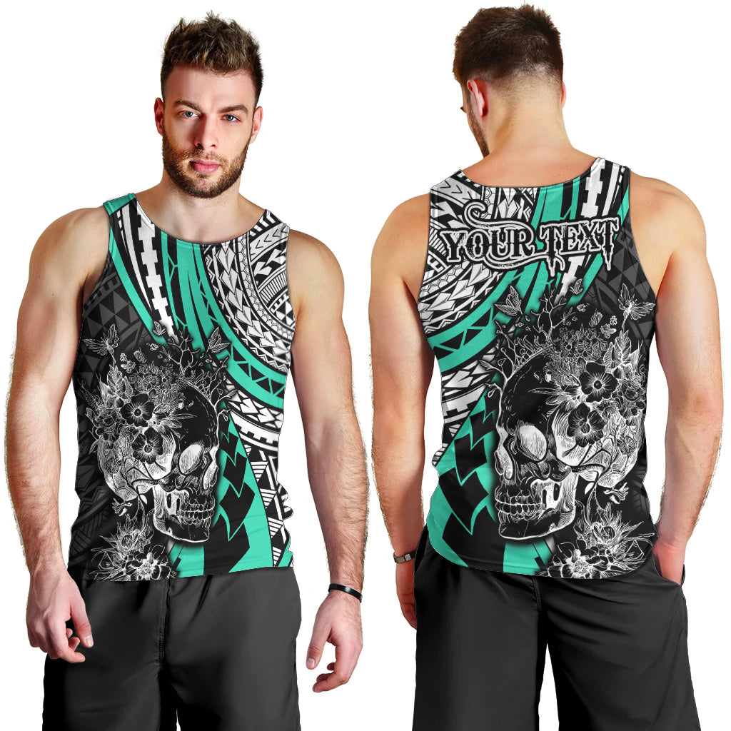 Personalised Polynesia Skull Men Tank Top Tattoo In The Style Of Maori With Marine Life Aqua - Wonder Print Shop