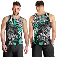Personalised Polynesia Skull Men Tank Top Tattoo In The Style Of Maori With Marine Life Aqua - Wonder Print Shop