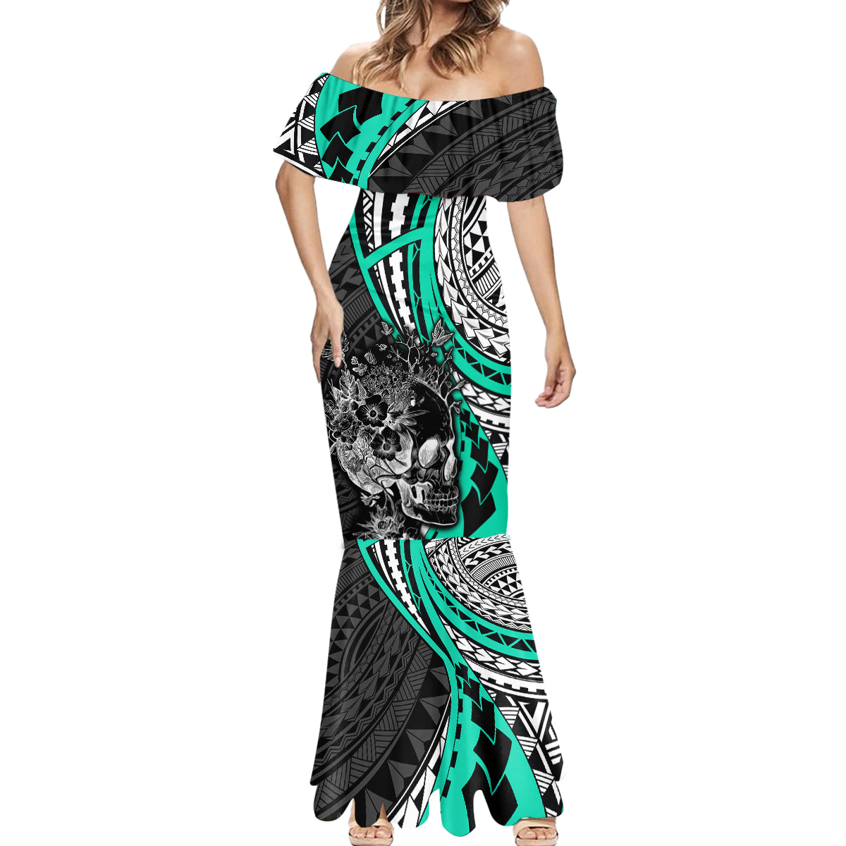 Personalised Polynesia Skull Mermaid Dress Tattoo In The Style Of Maori With Marine Life Aqua - Wonder Print Shop