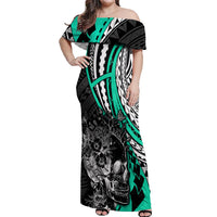 Personalised Polynesia Skull Off Shoulder Maxi Dress Tattoo In The Style Of Maori With Marine Life Aqua - Wonder Print Shop