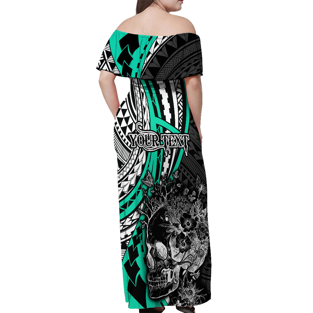 Personalised Polynesia Skull Off Shoulder Maxi Dress Tattoo In The Style Of Maori With Marine Life Aqua - Wonder Print Shop