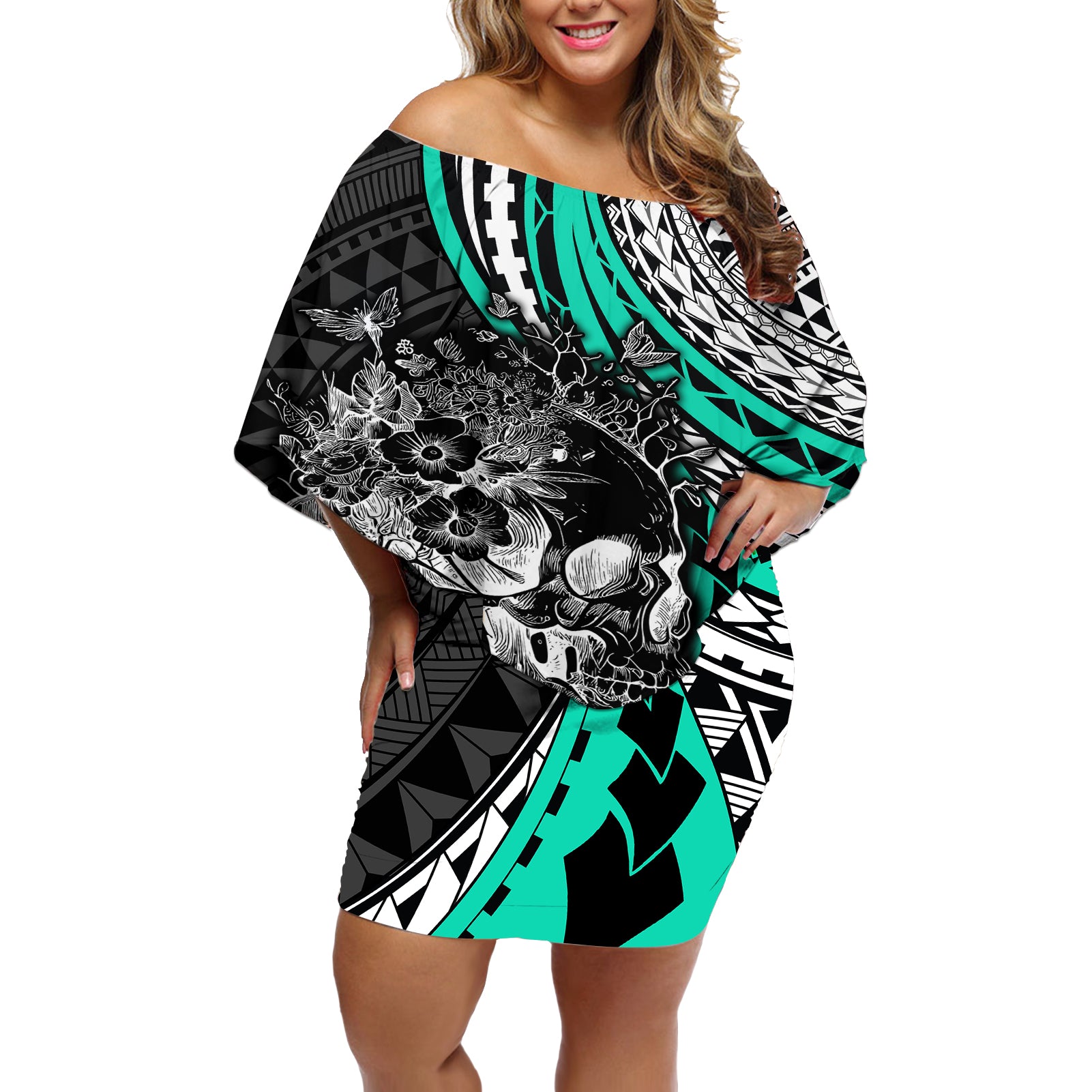 Personalised Polynesia Skull Off Shoulder Short Dress Tattoo In The Style Of Maori With Marine Life Aqua - Wonder Print Shop