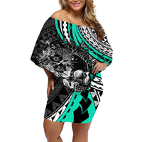 Personalised Polynesia Skull Off Shoulder Short Dress Tattoo In The Style Of Maori With Marine Life Aqua - Wonder Print Shop
