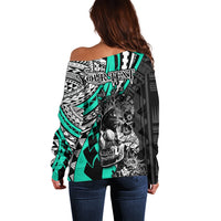 Personalised Polynesia Skull Off Shoulder Sweater Tattoo In The Style Of Maori With Marine Life Aqua - Wonder Print Shop