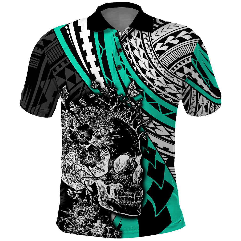 Personalised Polynesia Skull Polo Shirt Tattoo In The Style Of Maori With Marine Life Aqua - Wonder Print Shop