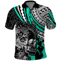 Personalised Polynesia Skull Polo Shirt Tattoo In The Style Of Maori With Marine Life Aqua - Wonder Print Shop