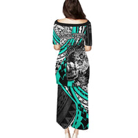 Personalised Polynesia Skull Puletasi Tattoo In The Style Of Maori With Marine Life Aqua - Wonder Print Shop