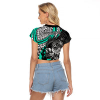Personalised Polynesia Skull Raglan Cropped T Shirt Tattoo In The Style Of Maori With Marine Life Aqua - Wonder Print Shop