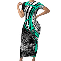 Personalised Polynesia Skull Short Sleeve Bodycon Dress Tattoo In The Style Of Maori With Marine Life Aqua - Wonder Print Shop