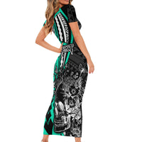 Personalised Polynesia Skull Short Sleeve Bodycon Dress Tattoo In The Style Of Maori With Marine Life Aqua - Wonder Print Shop