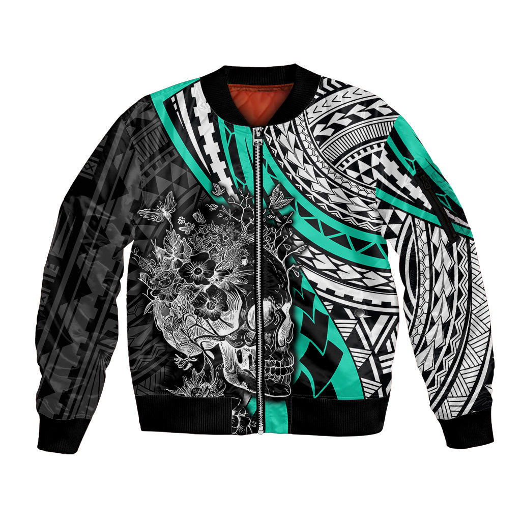 Personalised Polynesia Skull Sleeve Zip Bomber Jacket Tattoo In The Style Of Maori With Marine Life Aqua - Wonder Print Shop