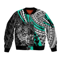 Personalised Polynesia Skull Sleeve Zip Bomber Jacket Tattoo In The Style Of Maori With Marine Life Aqua - Wonder Print Shop