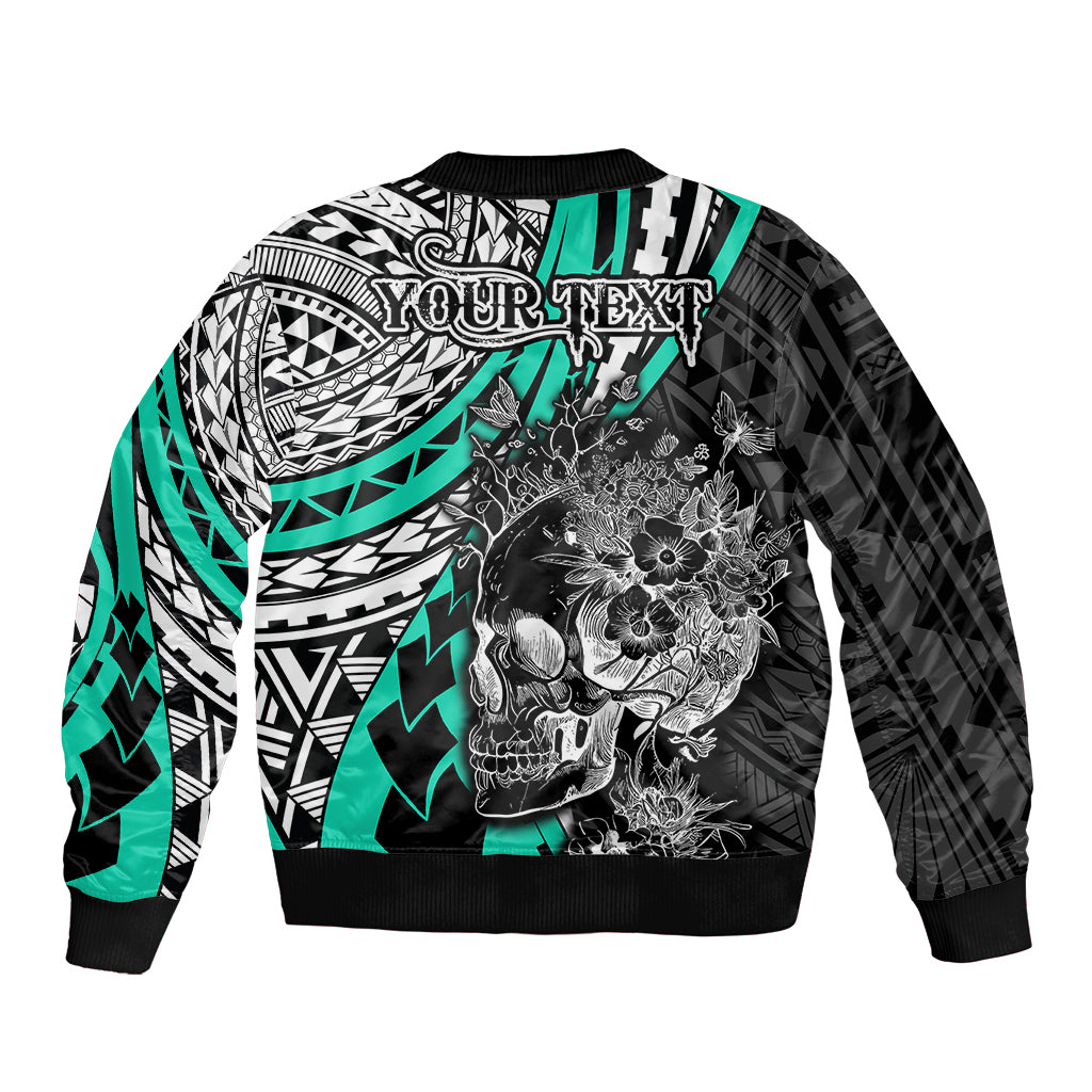 Personalised Polynesia Skull Sleeve Zip Bomber Jacket Tattoo In The Style Of Maori With Marine Life Aqua - Wonder Print Shop