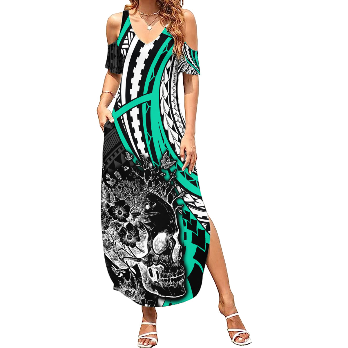 Personalised Polynesia Skull Summer Maxi Dress Tattoo In The Style Of Maori With Marine Life Aqua - Wonder Print Shop