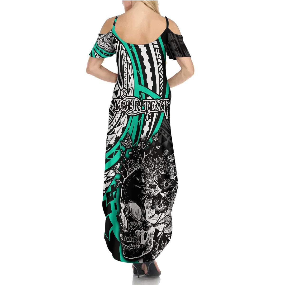 Personalised Polynesia Skull Summer Maxi Dress Tattoo In The Style Of Maori With Marine Life Aqua - Wonder Print Shop