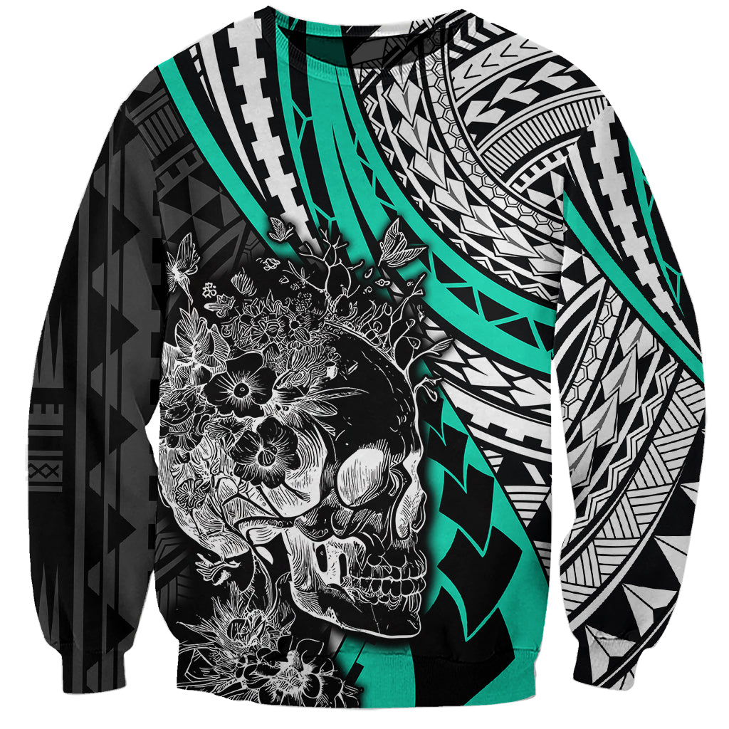 Personalised Polynesia Skull Sweatshirt Tattoo In The Style Of Maori With Marine Life Aqua - Wonder Print Shop