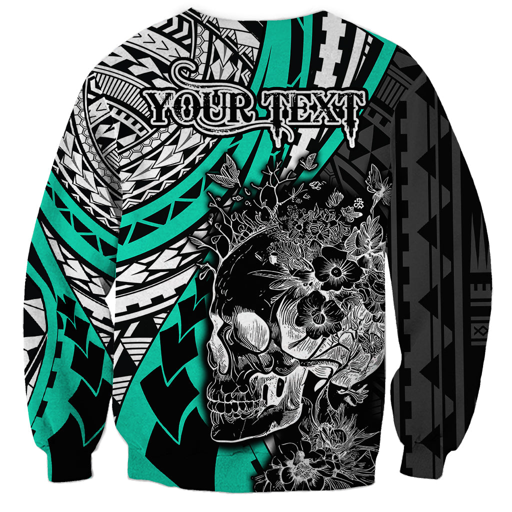Personalised Polynesia Skull Sweatshirt Tattoo In The Style Of Maori With Marine Life Aqua - Wonder Print Shop
