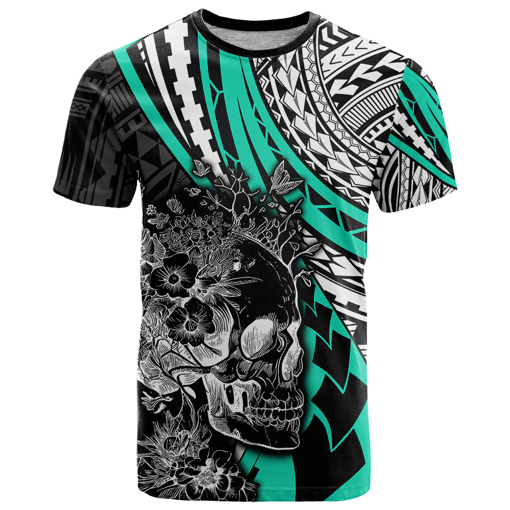 Personalised Polynesia Skull T Shirt Tattoo In The Style Of Maori With Marine Life Aqua - Wonder Print Shop